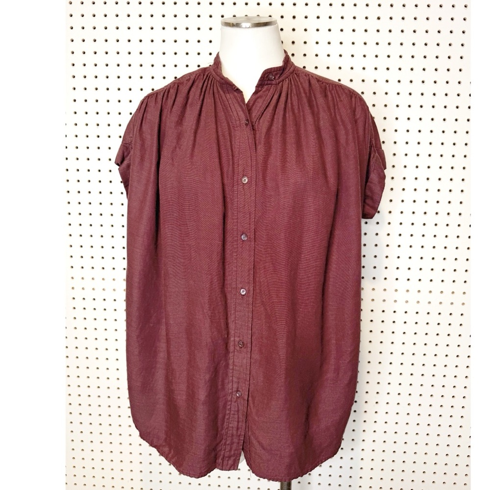 Aritzia Burgundy Short-Sleeve Button Front Blouse